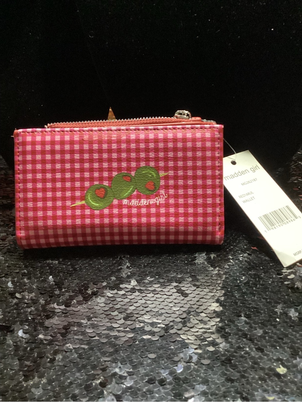 Madden Girl Pink Gingham Zip Wallet with Olive Olive Branch Embroidery